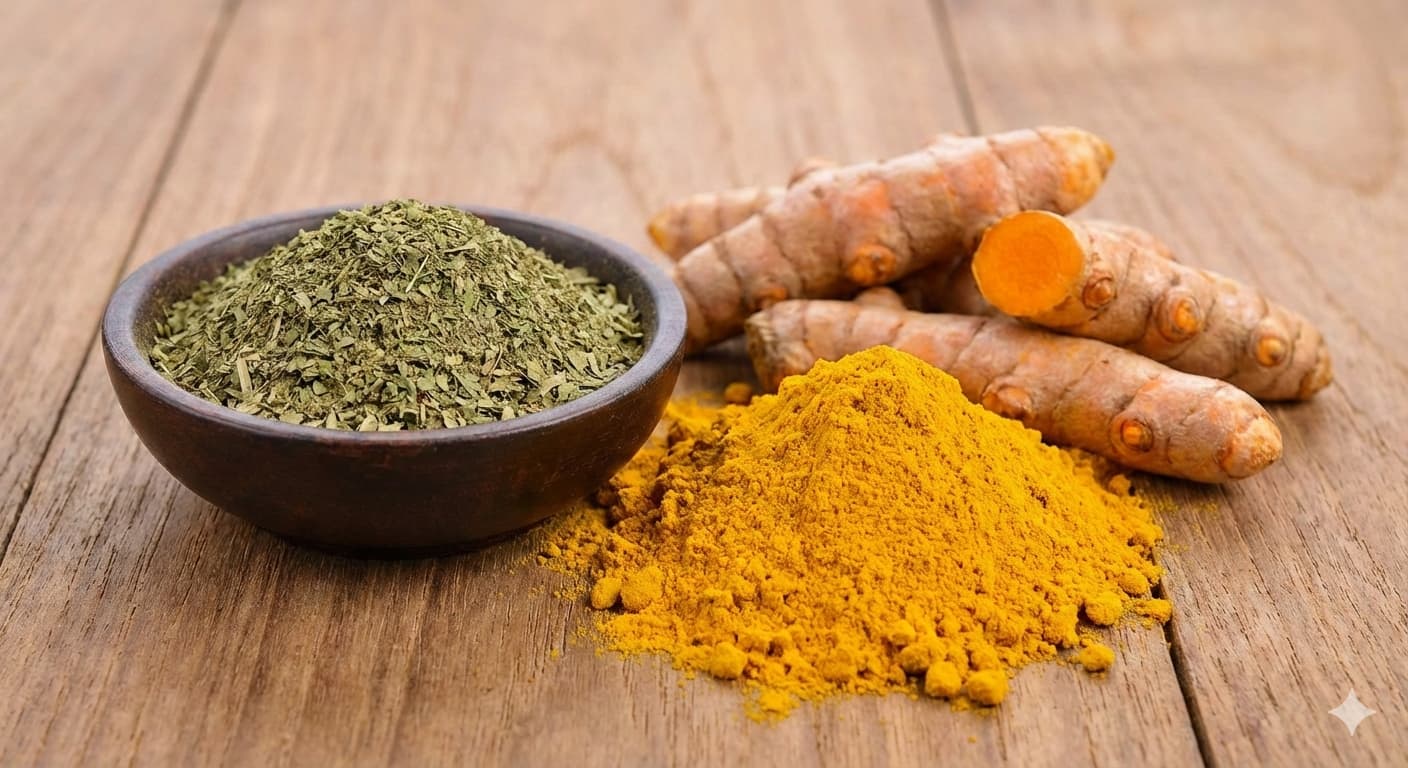 Kratom powder and turmeric powder side by side showing the golden yellow color of turmeric next to green kratom